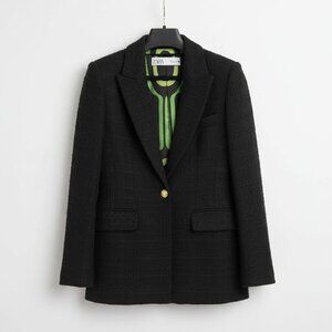 Zara Black Gold Textured Tweed Blazer Size XS